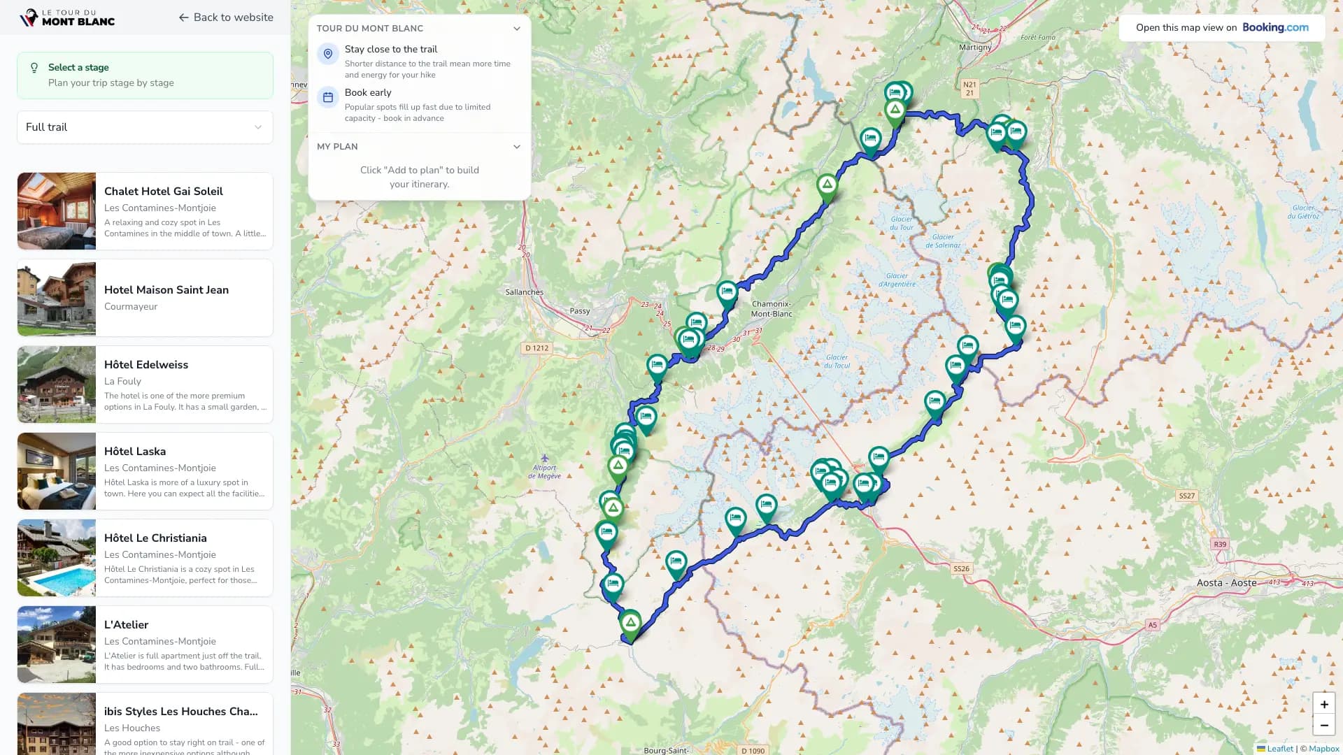 Planner map view with stages and accommodation along the trail